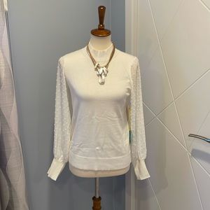 CeCe white cotton blend sweater with sheer sleeves